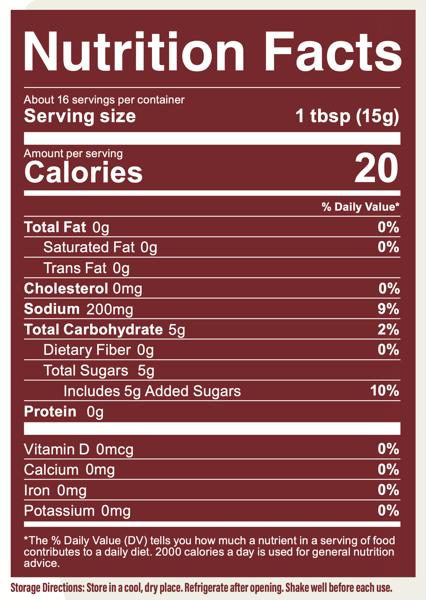 Nutrition facts label for a product with 20 calories per serving on a brown background.