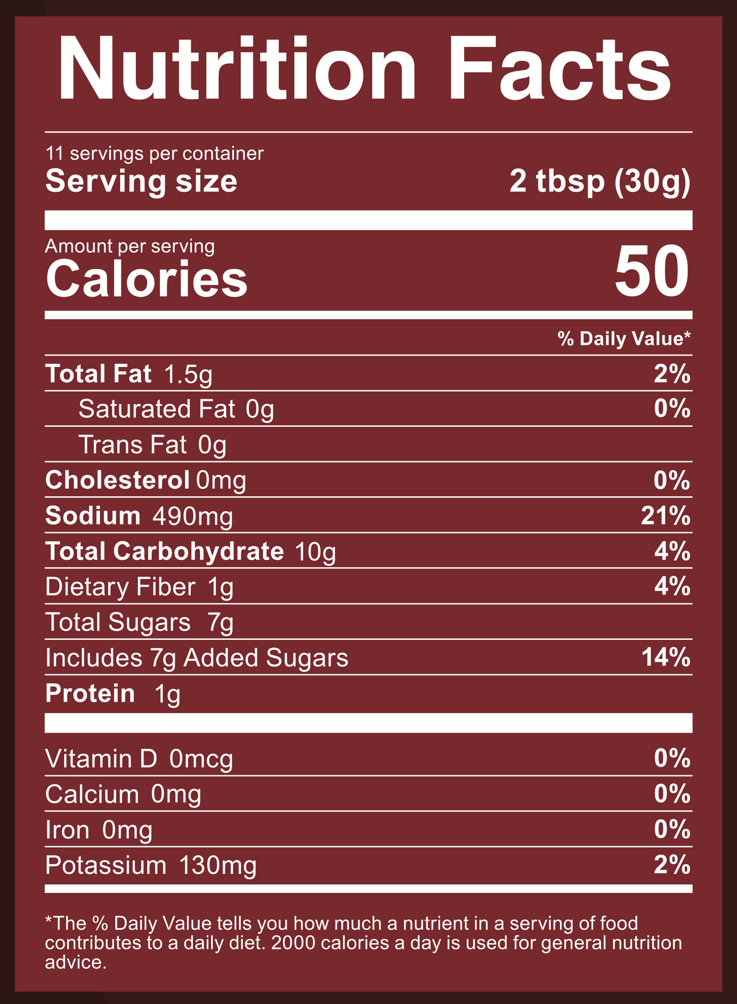 Nutrition facts label for a product with 50 calories per serving on a dark red background.