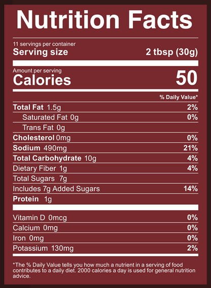 Nutrition facts label for a product with 50 calories per serving on a dark red background.