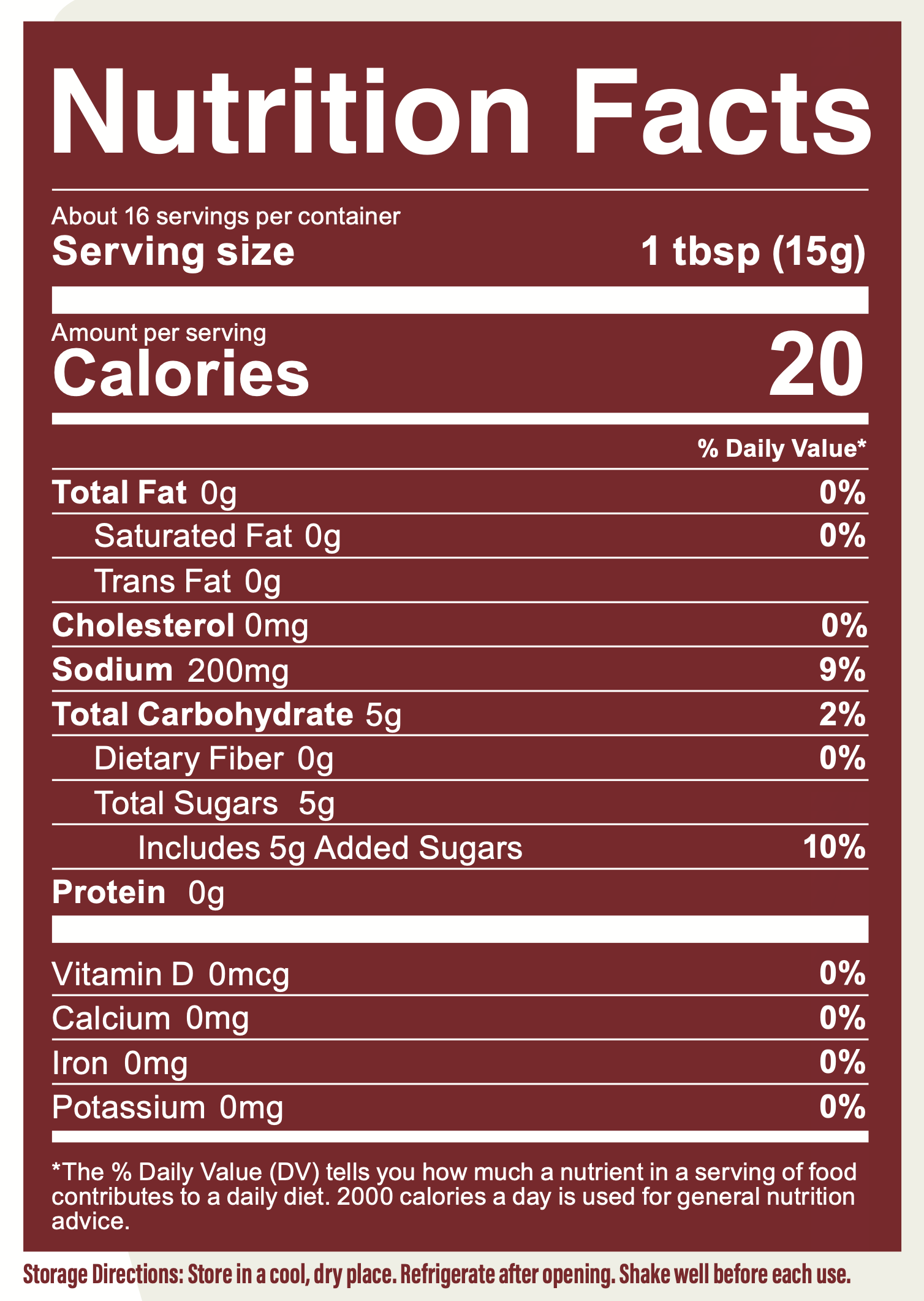 Nutrition facts label for a product with 20 calories per serving on a brown background.