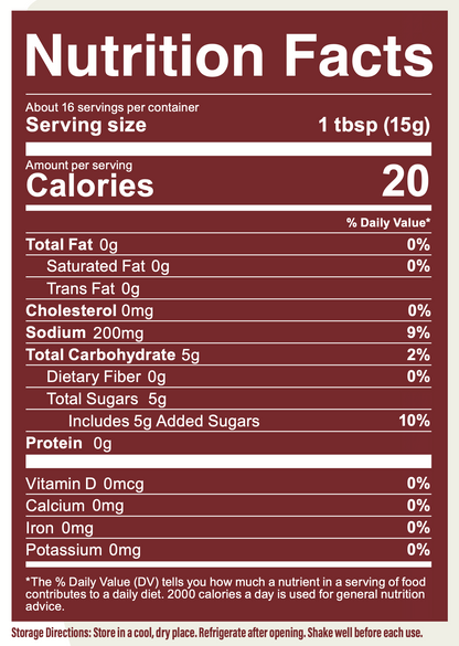 Nutrition facts label for a product with 20 calories per serving on a brown background.
